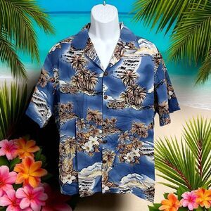 Vintage Hilo Hattie‎ Hawaiian Original Shirt XL Mens Tropical 90s Magnum PI Blue